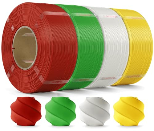 MarsWork Filamento PLA 1,75 mm, 3D Filamento per Stampante con Precisione Dimensionale +/- 0.02mm, 4kg Refill Compatibile con la Bobina Riutilizzabile di Bambu Lab, Bianco+Rosso+Verde+Giallo