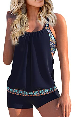 uxxnjfg Costume Donna Due Pezzi Tankini Donna Mare Curvy Taglie Forti Push Up Costume Vita Alta Beach Piscina Tankini Contenitivo Mestruale Swimwear Bikini Top Pantaloncino Beachwear(Blu Scuro,XL)