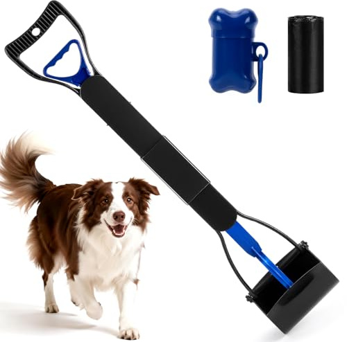 32 Pooper Scooper with Bags & Dispenser Attachment, Long Handle Dog Poop Scooper for Large/Small Dogs, High Strength Spring No-Bend Poop Scoop, Foldable Poop Picker Upper for Grass/Gravel Pick Up