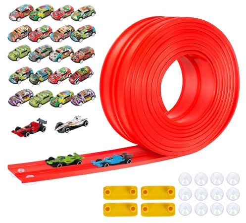Car Track, Flexible Race Track 4M with 24 Diecast Cars, 12 Suckers, 4 Connector, Dual Racetrack, Speed Track for Toy Cars, Gifts for 3 4 5 6 7 8 Year Boys Girls Kids