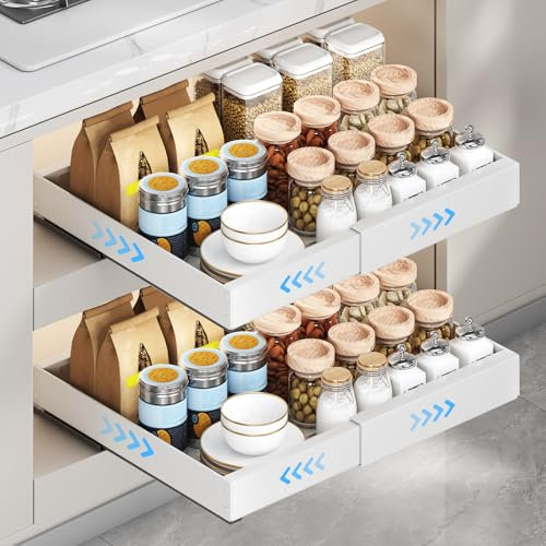 Focenat 2 Stück Erweiterbar Ausziehbare Schublade Küche, Ausziehbarer Schrank Organizer, Teleskopische Küche Schiebeschublade mit Kleber, Küchen Teleskopschublade, Einstellbare Breite 32-53cm