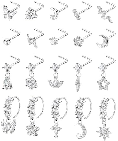 SOMEITIA 20PCS 20G Surgical Steel Dangle Nose Rings for Women L Shaped Nose Studs Dangling Nose Rings Hoops CZ Flower Butterfly Moon Nose Piercing Jewelry Silver