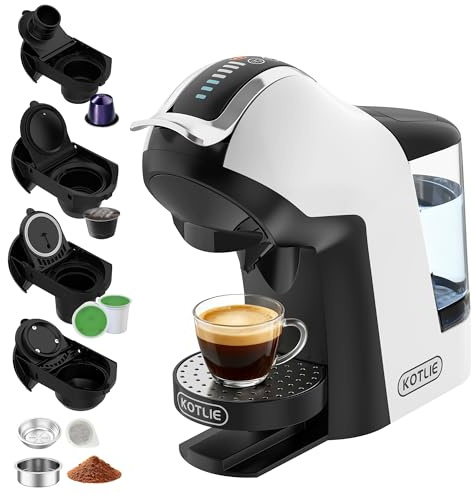 KOTLIE EM-308B Espresso Machine, Single Serve Coffee Maker Compatible with Multiple Capsule Types, Ground Coffee, and ESE Pods, 3 Temperatures, 7 Water Volume Levels, 34 Oz（White）