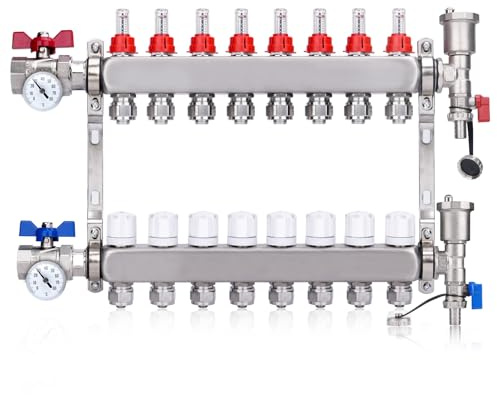 Heizkreisverteiler mit Eurokonus 3/4 (20x2mm) + 1 Kugelhähne +Thermometer | 8 Heizkreise Fußbodenheizung mit Manueller Entlüfter, Flussmesser Durchflussmesser, 30 x 1,5 mm, HKV Verteil