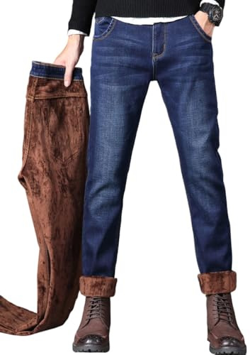 Oanviso Hombre Jeans con Forro Polar Invierno Termico Pantalones Vaqueros Holgados Denim Cómodo Jean Moda Pantalone Casuales Elasticos Pantalón B Retro Azul L