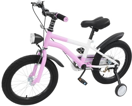 Barncykel 40 cm med stödhjul och LED-ljus, barncykel för flickor och pojkar med manuell ringklocka och stänkskärm, flexibelt justerbar, för 5 till 8 år (rosa, 16 tum)
