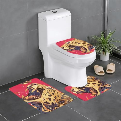 WHJDPP Leopard with Open Mouth Printing Bathroom Anti Slip Quick Drying Three Piece Set, Slip Quick Drying Durable Shower Bath mat
