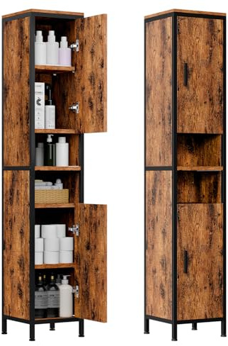 ELUCHANG Badezimmerschrank, Badschrank Schmal, Badezimmer Hochschrank mit 2 Tür und offenen Fächern und verstellbaren Ablagen fur Badezimmer, Wohnzimmer,30x30x174cm,Vintage+Schwarz