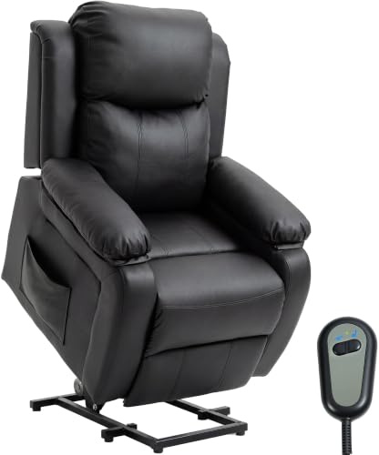 HOMCOM Elektrischer Aufstehsessel, elektrischer Relaxsessel mit Fußstütze, neigbarer Rückenlehne, Fernbedienung und Seitentaschen, PU-Bezug, für Senioren, schwarz