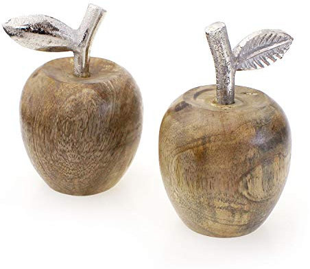 2x Deko Figur Apfel im Set je 13 cm, Mangoholz Holz natur braun Aluminium silber, Dekofigur Dekoapfel Holzapfel Herbst Herbstdeko