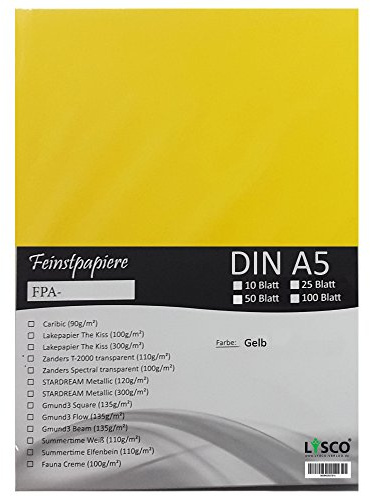 GMUND Transparentpapier DIN A5 Farbe Gelb / LYSCO® Feinstpapierset mit 25 Blatt Inhalt (FPA-120) - bedruckbar, sehr gute Qualität, für Einladungen, als Einlegeblätter für Alben, Fotoalben, Fensterbilder, Bastelarbeiten uvm.