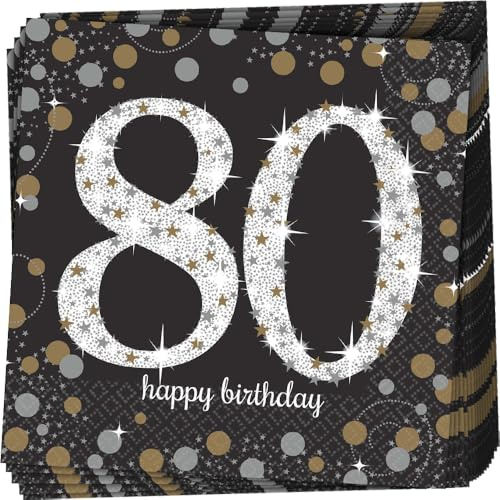 Amscan 511965 - Servietten 80. Geburtstag, 16 Stück, 33 x 33 cm, Happy Birthday, Sparkling Celebration