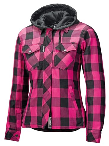 Held Lumberjack 2 – motorcykelskjorta med skydd – CE-certifierad motorcykeljacka dam EN 17092 – flanellmaterial – avtagbar huva – mjuka skydd axlar och armbågar – svart/rosa, storlek D-L