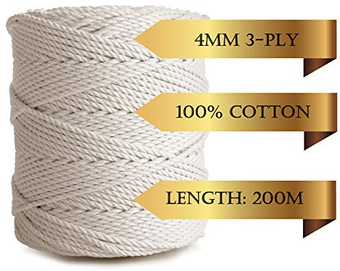 UKropes Macrame Cord 4mm * 200m. 3-ply Twisted Macrame Cotton Rope, Craft String for Knitting, Crochet, Macramé for Handmade Wall Hanging, Dream Catcher, Plant Hangers, Kit, DIY projects (4mmx200m)