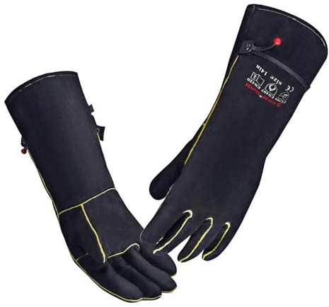 AOUCHI gants de soudage pour barbecue en cuir de vache, coutures Kevlar, gants ignifuges et résistants à la chaleur à manches longues pour barbecue, incendie, cheminée, four, cuisson, cuisinière 35CM