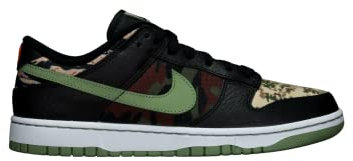 Nike Dunk Low SE Camo Herren Limited Edition DH0957-001, Schwarz/Ölgrün-Weiß-Nior/Blanc/Grün-Petrol, 42.5 EU
