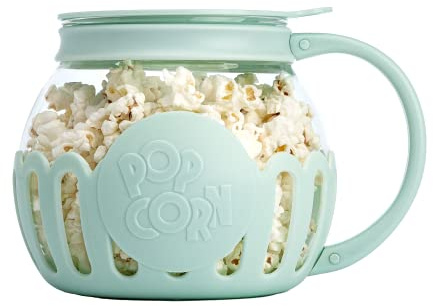 Ecolution Patented Micro-Pop Microwave Popcorn Popper with Temperature Safe Glass, 3-in-1 Lid Measures Kernels and Melts Butter, Made Without BPA, Dishwasher Safe, 1.5-Quart, Aqua
