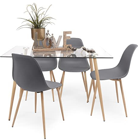 Homely - Conjunto de Comedor Cairo Nordic | Mesa + 4 sillas | Diseño Nórdico | Comedor, Salón, Cocina, Sala | Mesa de Cristal de 120x79,5 cm | 4 sillas nórdicas Color Gris Oscuro