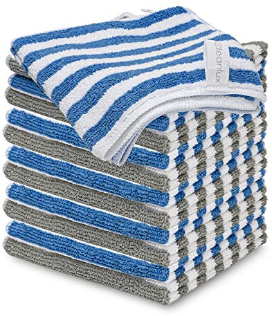 CLEANLUX Microfibre Cleaning Cloths - 12 Pack - 32 x 32cm - Polyamide Technology Multi Purpose, Washable & Reusable Micro fibre - Kitchen Bathroom Car Cleaning Cloths Microfiber, Blue,grey