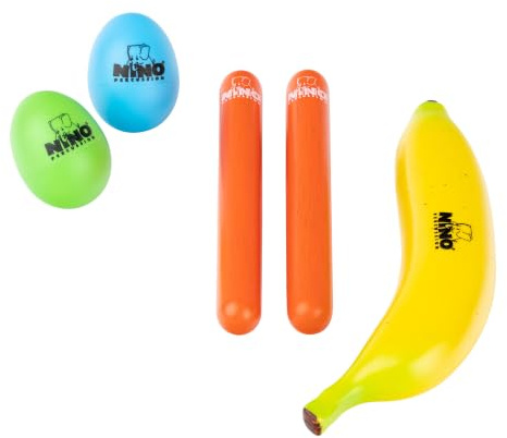 Nino Percussion Rhythm Set, Mehrfarbig (NINOSET7) | Musikinstrument für Kinder ab 3 Jahren, 4-teilig, ABS Kunststoff und Holz