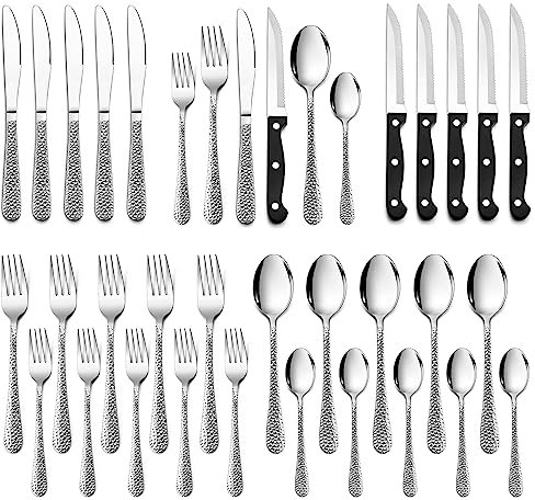 Besteck Set, HaWare 36-teiliges Edelstahl Besteckset mit Steakmesser für 6 Personen, Modernes Essbesteck Set mit Hammergriff, Messer Gabel Löffel Set für Zuhause/Restaurant, Spülmaschinenfest