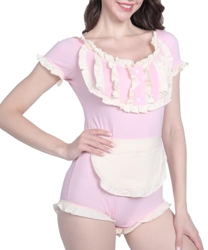 Landofgenie Combinaison en Coton pour Femme Hauts Serrés + Tablier Costume de Femme de Chambre Rosa 3XL