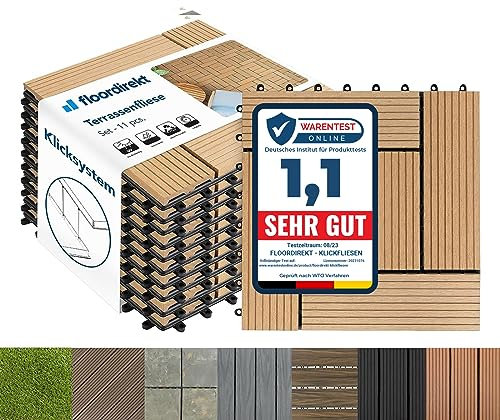 Floordirekt WPC Fliesen 30x30 cm, 1m² = 11 Terrassenfliesen, Klickfliesen, Balkonfliesen in Holzoptik - Bodenbelag für Balkon & Terrasse - wetterfest mit Drainagefunktion | Teak Classic