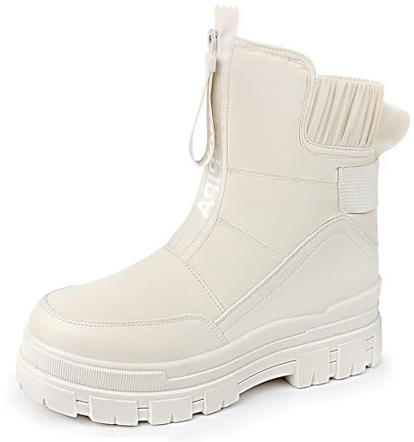 Viapipa Winter Boots for Women Waterproof, White Snow Boots for Women, Womens Mid Calf Low Heel Zip Up Anti-Slip Warm Booties Comfortable for Outdoor Walking Hiking, Size 7