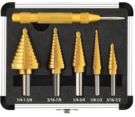 COMOWARE Step Drill Bit Set 5-Piece Titanium-Coated with Automatic Center Punch HSS- Covering 50 Sizes, Complete with Aluminum Case