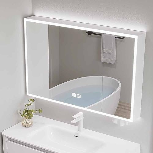 UKewei Beleuchtet Spiegelschrank, Energiesparend LED Badschrank, 80x70x13cm Wasserdicht Wandschrank für Bad, Badezimmerschrank mit 2 Türen Stauraum (Color : A, Size : 70cm)
