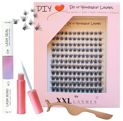 DIY Do it Yourself Wimpernset, XXL Lashes Wimpernverlängerungsset, 144 Cluster-Wimpern in 5 verschiedenen Längen, inklusive Bond/Kleber, Versiegelung, Entferner, Applikator und Anleitung (wispy)