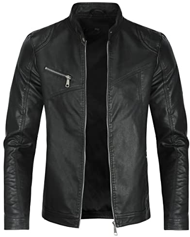 Allthemen Blouson Homme en Cuir Col Montant Bomber Moto Zippé Fermeture Eclair Casual Veste Cool Classique #08 Noir L
