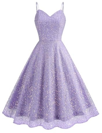 Odizli Glitzerkleid Damen Pailettenkleid Sexy Glitzer Pailletten Spaghettiträger Swing Partykleid Rockabilly 50er Jahre Vintage Cocktailkleid Festliche Party Kurz Ballkleid Abendkleid Lila M