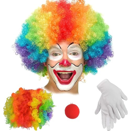 VJUYSW Clown Kostüm Set Clown Kostüm Regenbogen Perücke Clown Kostüm Zubehör Clown Lockige Perücke Nase und Handschuhe Clown Fliege für Karneval Cosplay Erwachsene Kinder