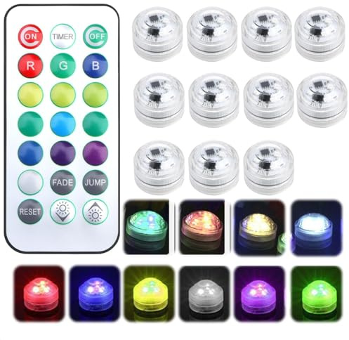 Raykce 10 Pack Mini Submersible LED Light with Remote, Battery Powered | Coloured Lights ABS Material Shell Waterproof Pool Lights for Pool Party Decorations Christmas Valentine's Day Wedding Party