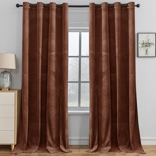 YSTELLAA Gardinen Samt 2er Set, 117×137 cm, Verdunklungsvorhänge Mit Ösen, Vorhang Blickdicht Wohnzimmer Modern, Thermovorhang Schlafzimmer, Schallschutz Vorhang, Blackout Curtain, Braun