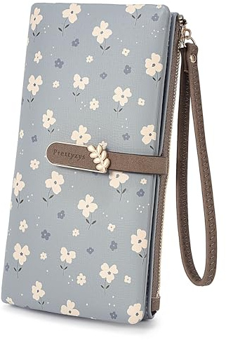UTO Blumen Geldbörse Damen Groß Viele Fächer Kunstleder Portemonnaie Damen Leder 20 Kartenfächer Geldbeutel Mit Reißverschluss Groß Kapazität Portmonee für Frauen Freundin Mutter Tochter Blau