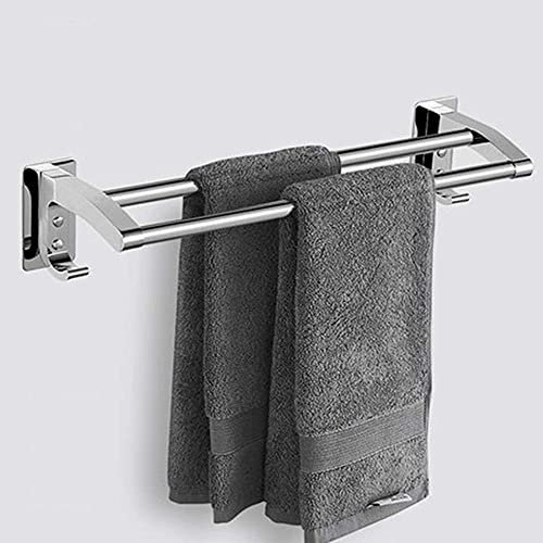 Handdukshyllor, handdukshyllor, enkel väggmonterad handdukshylla, badrum kök rostfritt stål dubbelstång handdukshylla med två krokar, ingen borrning/40 cm