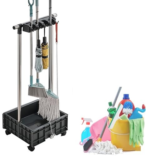 Abflussregal, Besenmopphalter, mobiler Mopp- und Besenhalter, Reinigungsmittel für den Haushalt, Moppeimer, Reinigungswagen auf Rädern, Gartenwerkzeug-Organizer, Mopp -Schirmständer
