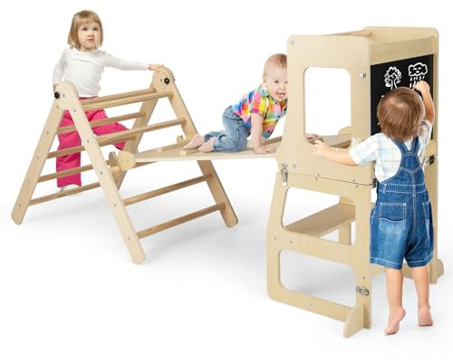 COSTWAY 7 in 1 Toddler Climbing Frame, Indoor Kids Climber Ladder with Reversible Ramp, Chalkboard, Step Stool, Wooden Montessori Play Gym Set for Boys Girls (Natural)