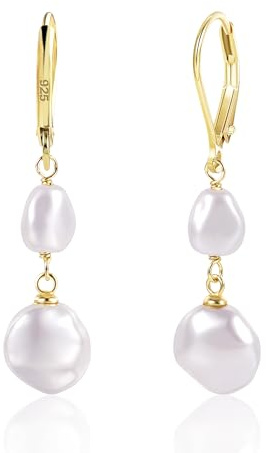 14K Gold Pearl Dangle Earrings for Women 925 Sterling Silver Double Pearl Drop Earrings HypoallergenicLeverback Baroque Irregular Pearls Earring