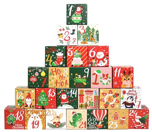 HERZONE Adventskalende zum Befüllen 24 Adventskalender Schachteln Schöner Geschenkbeutel Weihnachtsmotive Adventskalender Boxen (Color)