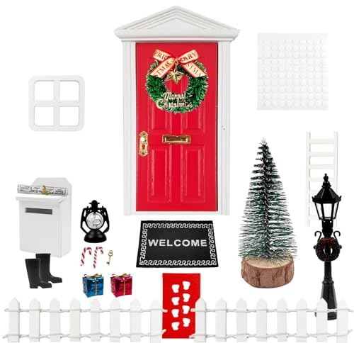 RAFIYU Wichteltür Zubehör Weihnachten Set, 21 Pcs Miniatur Wichtel Zubehör Komplettset, 1:12 Puppenhaus Wichteltür Weihnachtsdeko mit Mini Schlüssel Briefkästen Stiefel Kranz Zaun Teppich Laterne