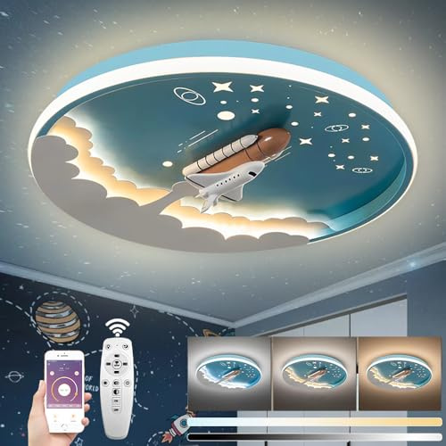 KZT LED Deckenleuchte Kinderzimmer Rakete Kinderzimmerlampe Dimmbar mit Fernbedienung Acryl Kinder Deckenlampe für Jungen und Mädchen Kindergarten Babyzimmer,50cm
