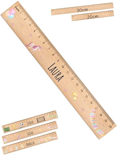 Bärenfreunde® - Personalisiertes Holz-Lineal 20 cm / 30 cm mit Spezial-Druck - für Schule und Zuhause - Lineal personalisiert Schulanfang - Einschulung Geschenk (30 cm, Einhorn Girlande)