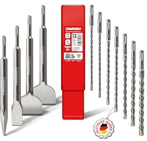 SCHWABENBACH® Set Punte e Scalpelli SDS Plus 11 Pezzi – 7 Punte per Calcestruzzo 6–14 mm + 4 Scalpelli – Estremamente Robusto – Qualità Premium per Martello Perforatore (Non SDS Max)