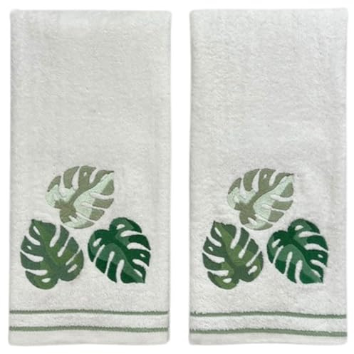 Tropical Bath Towels 100% Cotton White Embroidered Palm Leaves Design 16x25 Inches Bathroom Kitchen Decor 2 Piece