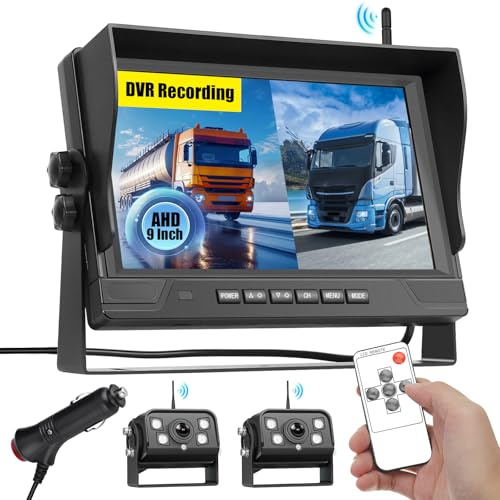 Fuluku 9 Zoll HD Monitor Digital Kabellos Rückfahrkamera Set mit Loop-Aufzeichnung, Nachtsicht, Wasserdicht gemäß IP68, großem Blickwinkel, Funk 2 Kameras, 12–24V für LKW, Anhänger, Wohnmobile, Busse