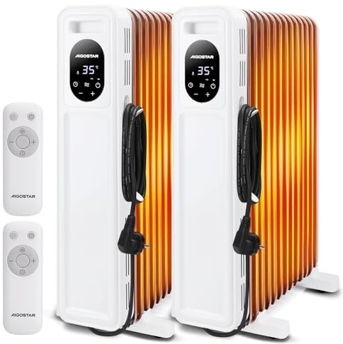 Aigostar Radiador de Aceite de 13 Elementos 2500W, Pantalla de Control LED | Temporizador de 24h, Mando a Distancia, 3 Modos con Función Eco, Silencioso, Recomendado para Estancias de 25 ㎡ | 2 Unidades