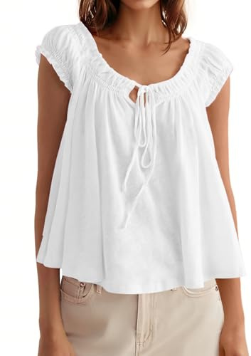 Tankaneo Women Summer Tie Front Tank Tops Cap Sleeve Pleated Babydoll Tops Casual Loose Fit Going Out Flowy Shirt White